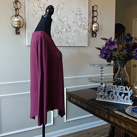 Burgundy Asymmetrical Long Sleeves Embellished Top By Tahari. Size L - Picture 9 of 17